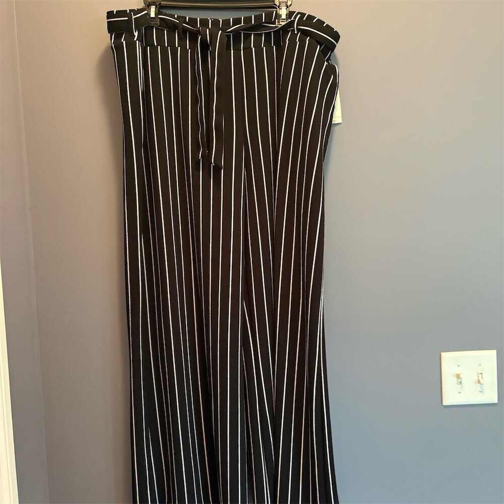 Terra & Sky Pants Womens Plus 2XL Black White Pinstripe Straight Pull-On